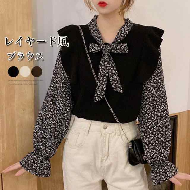 ブラウス レディース ニットトップス 春秋冬 レイヤード風 Vネック ボウタイドッキング 小花柄 フラワー トップス 袖切り替え リボン ラッフルフリル袖