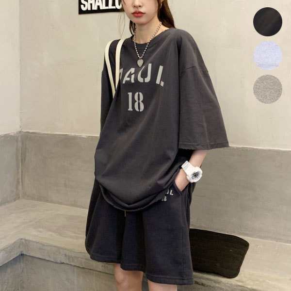 オールインワン レディース 上下 セットアップ トップス Tシャツ パンツ ショーパン グレー ライトグレー ダークグレー 22K44235[即納] 韓国 ファッション 上下 セットルームウェア、部屋
