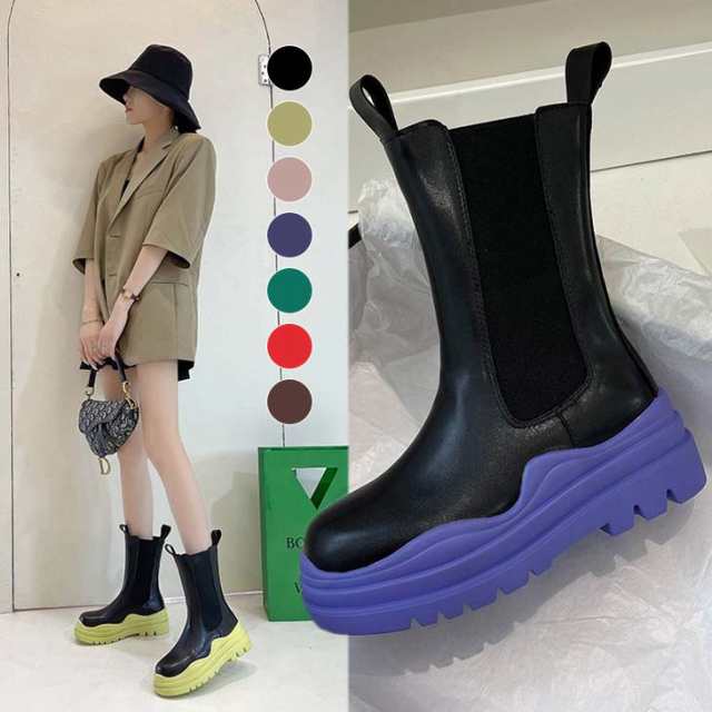 サイドゴア カラーソール ブーツ 靴 ショート 厚底 PU トレンド靴 レディース靴 ブーツ その他サイドゴア カラーソール ブーツ 靴 レディース靴 ブーツ その他 通販カラー: ブラック イエロー