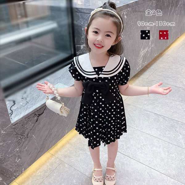 子ども服 ワンピース 水玉柄 ブラック レッド 可愛い 女の子 幼児 夏ワンピー リボン 半袖 膝丈上 ドット柄 キッズ 姉妹 ワンピ 結婚式 発表会 イベント 90-130サイズ:【 90】スカート