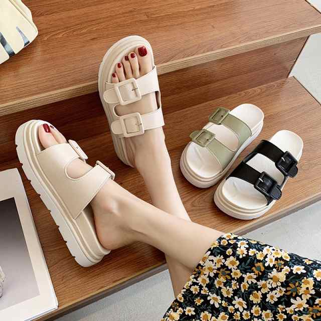 ダブルベルトサンダル サンダル レディース 2Way シューズ サマー ゴムバンド ローファー 夏 ストレッチ 履きやすい 厚底ダブルベルトサンダル サンダル レディ靴 人気カラー: ブラック オフホ