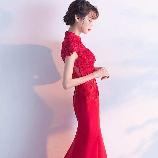 チャイナドレス ワイン赤 マーメイドドレス ロング イブニングドレス 袖あり 二次会ドレス お呼ばれドレス 20代 30代 パーティードレス
