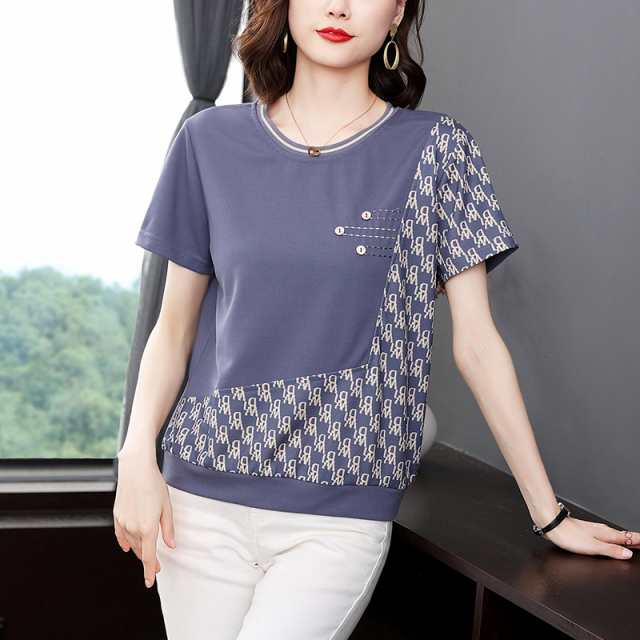 tシャツ レディース カットソー 半袖 5分袖 ママ Tシャツ 切り替え ドッキング 夏 接触冷感 Uネック トップス プルオーバー 新作 大人 おしゃれ きれいめ 美シルエット 女子 アメカジtシャ