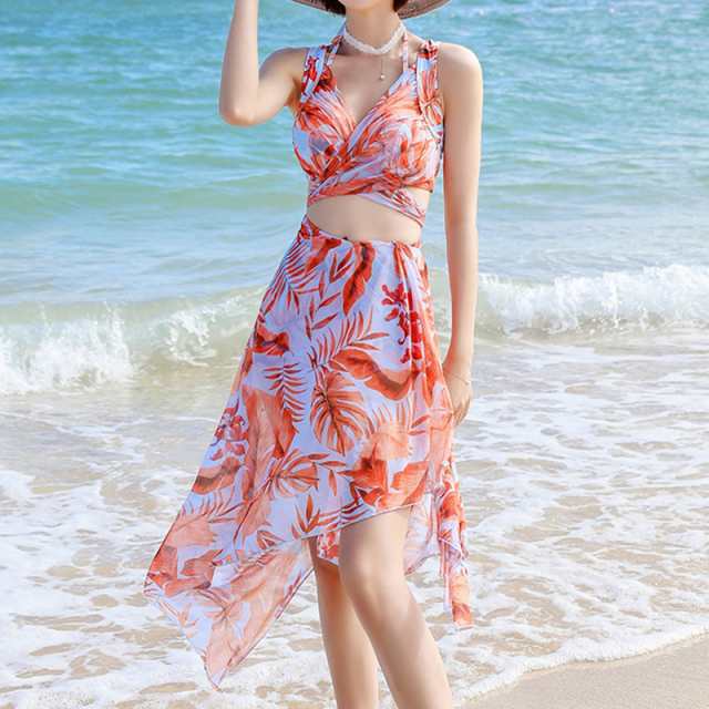 水着三点セット レディース セパレート パレオ付き ビーチ 夏 サマー プール リゾート 旅行 ナイトプール ロングパレオ ４カラー ４色 鮮やか M L XL 2XL 花柄 温泉 体型カバー 水着 