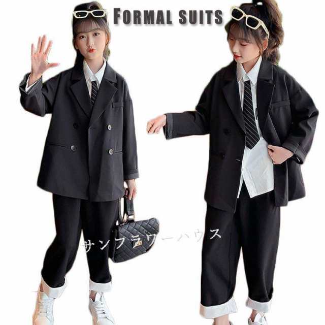 入学式 スーツ 卒業式 パンツスーツ 女の子 韓国 フォーマルスーツ 子供服 ブラウス ネクタイ コート パンツ パンツスーツ セットアップ