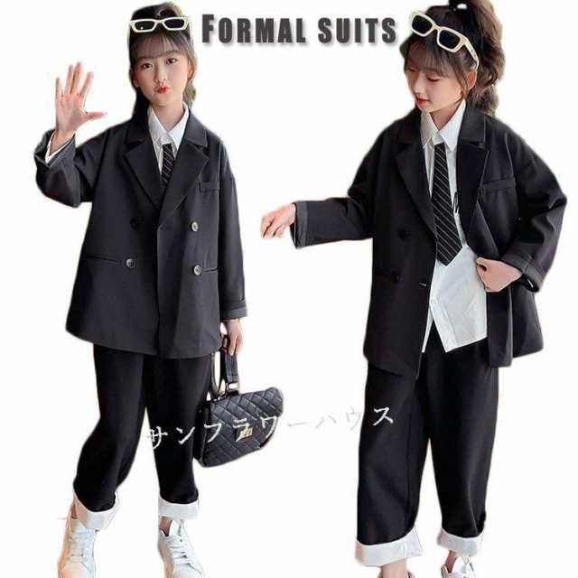 卒業式 パンツスーツ 女の子 入学式 フォーマルスーツ 韓国 卒業式 黒 スーツ 女の子 女子 高校生 ブラウス トップス スカート コート ネクタイ 小学校 ピアノ発表会 スーツ 4点セット 卒服 