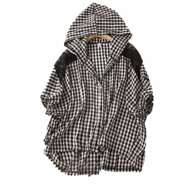 シャツ レディース 半袖 Tチェック柄 フード付き レース 切替 夏シャツ UVカット ゆる カジュアル 着痩せ トップス 夏◆素材：綿45％ポリエステル65％◆サイズ： L：着丈66cm バスト14
