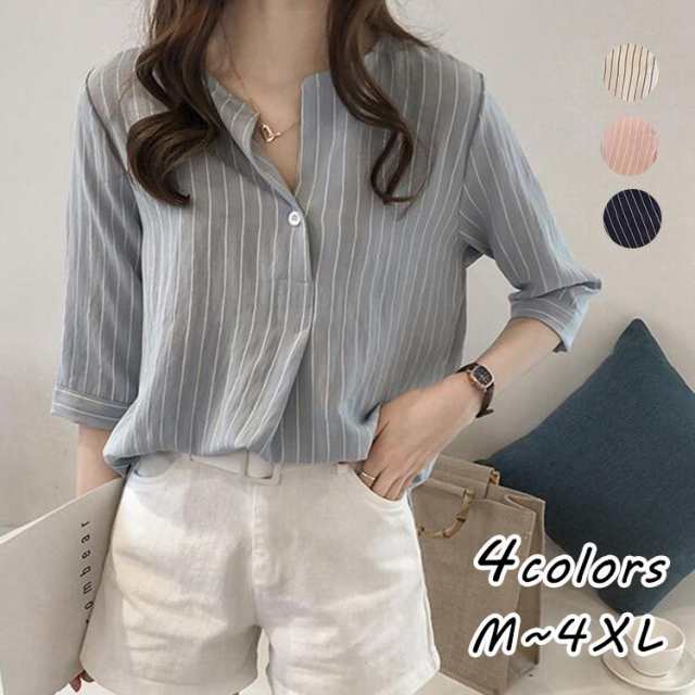 ■商品名ブラウス 40代 レディース 春夏秋 新作 半袖 Vネック シャツ 通勤 韓国風 トップス ストライプ柄 シフォン オフィス きれいめ 白 50代 30代 オシャレ 大人 ゆったり■商品コード