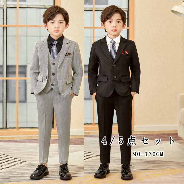 子供 スーツ 男の子 5点セット黒 縦縞 あすつく フォーマル キッズ 入学式 発表会 卒業式 七五三 タキシード 子ども こども 90-170cmサイズ：90cm、100cm、110cm、120cm
