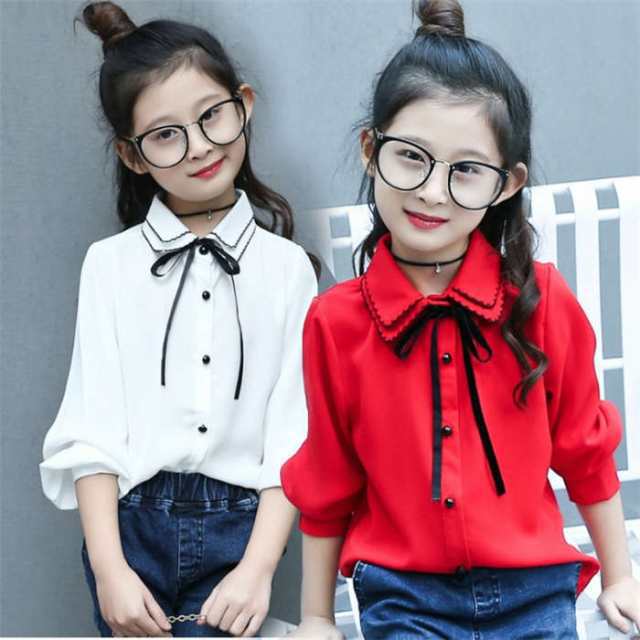 商品名：子供服 シャツ 女の子 フォーマル トレーナー ワイシャツ スクール 白シャツ Yシャツ トップス キッズ シフォン リボン ボートネック 大きいサイズ 素地 大人っぽい お姫様 おしゃれ カ