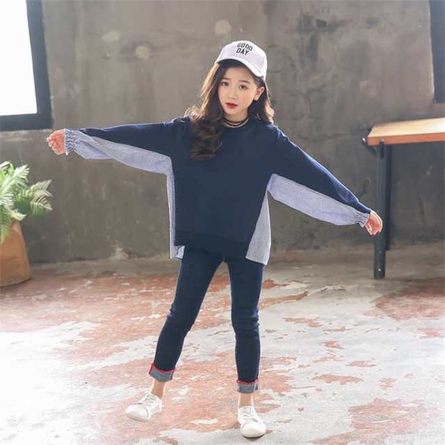 商品名：子供服 シャツ 女の子 韓国子供服 ブラウス トレーナー トップス レイヤード風 大きいサイズ 重ね着風 長袖 切り替え おしゃれ カジュアル ゆったり シンプル ジュニア キッズ衣装 通学 